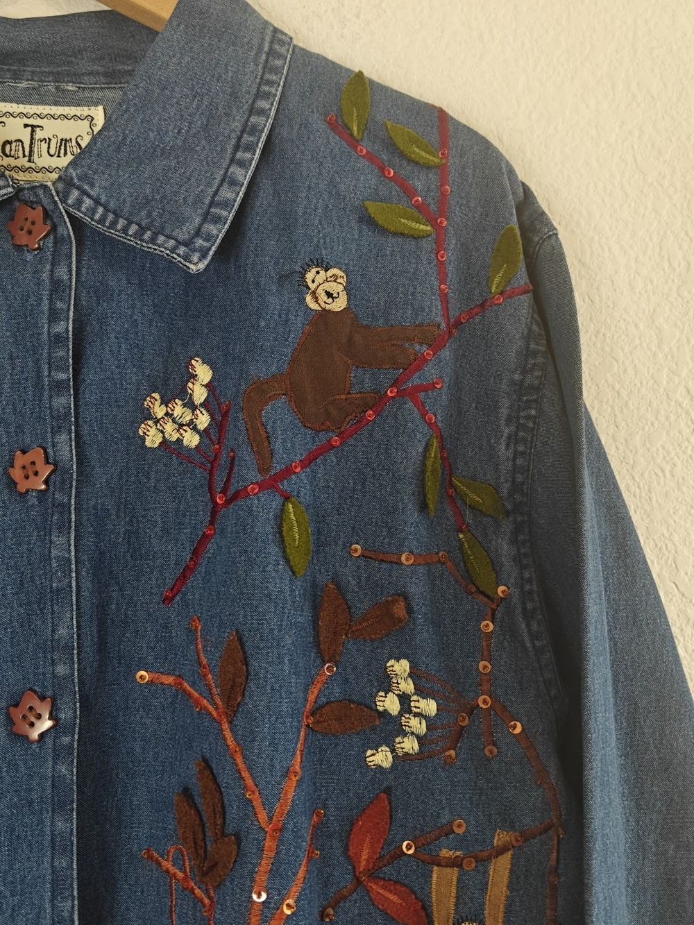 VTG 90s Tantrums Monkey Embroidered Denim Button Up Beaded Sequin Tree Cotton M - Picture 5 of 14
